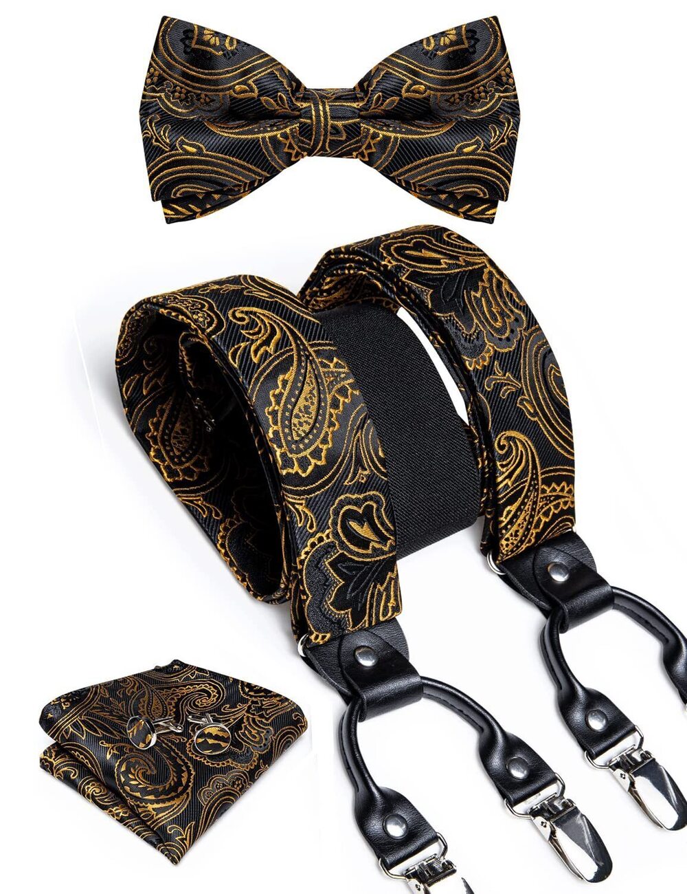 4969 Black Gold Suspenders Heavy Duty Paisley Suspenders and Bow Tie Set